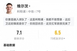 維爾茨本場數據：5關鍵傳球1過人成功13次丟失球權，評分7.1