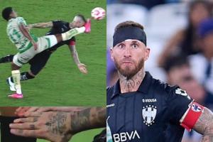 硬漢??39歲拉莫斯頭球時被對手一腳正中面門滿臉血，纏繃帶完賽