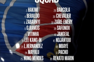 巴黎客戰里爾大名單：阿什拉夫、巴爾科拉在列，登貝萊等多人缺席