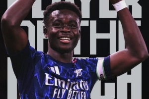 官方：薩卡當選阿森納1-0富勒姆隊內全場最佳